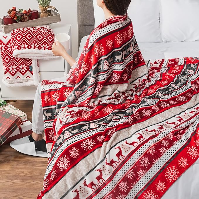 Pavilia Holiday Reindeer Snowflakes Fleece Throw Blanket | Soft, Plush, Warm Winter Cabin Throw, 50x60, Red