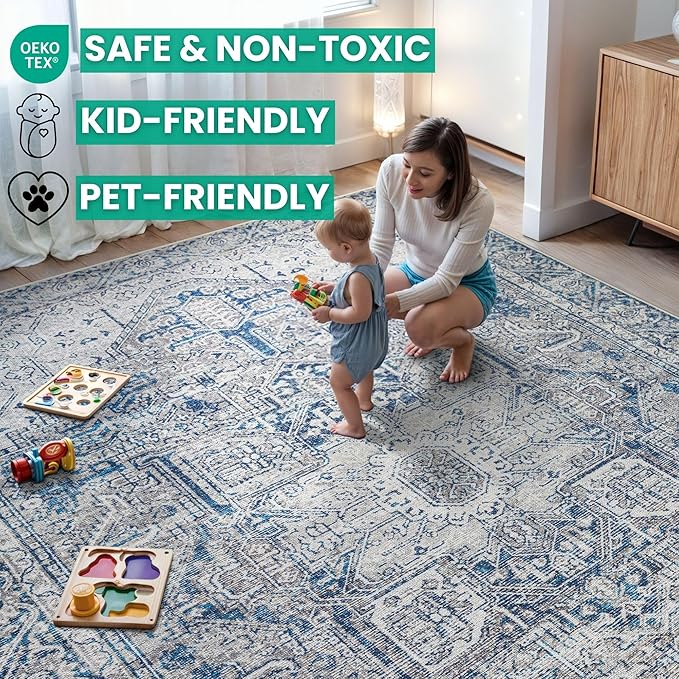 Bloom Rugs Washable Non-Slip 9' x 12' Rug - Blue/Gray Traditional Area Rug for Living Room, Bedroom, Dining Room, and Kitchen - Exact Size: 9' x 12'