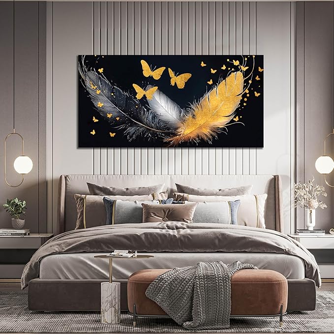 SIXTTART Feather Canvas Wall Art for Living Room - Butterfly Pictures Wall Art for Bedroom - Black White and Gold Wall Art for Office Size 29" x 59"