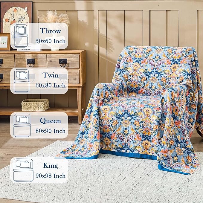 Blue Orange Fall Blanket 90"x 98" Boho Throw Blankets for Couch Bed Chair, 100% Cotton Quilts Warm Soft Blanket Muslin Bed Blankets Home Decor Farmhouse Warm Throws Gifts for Women Mom