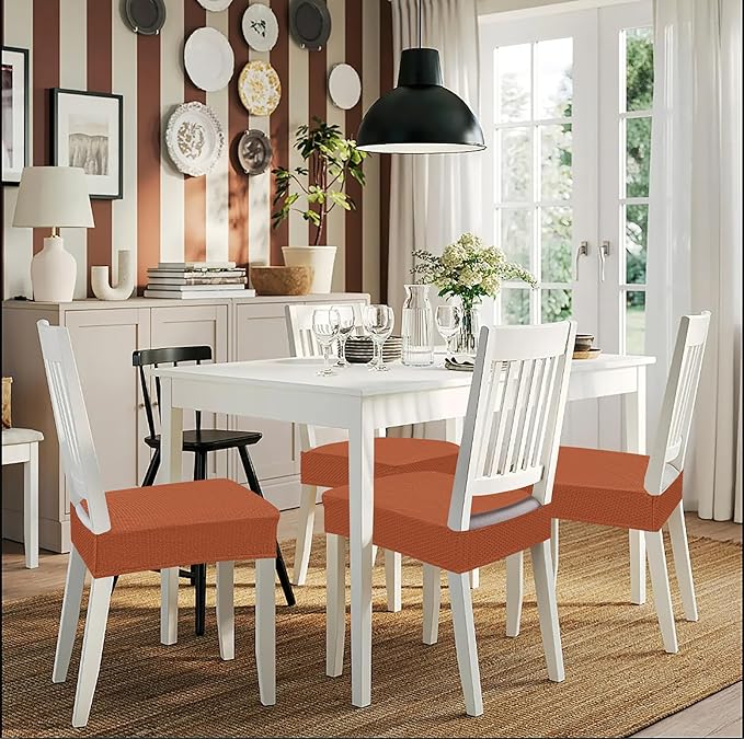 Smiry Stretch Jacquard Seat Covers for Dining Room Chairs Set of 6, Removable Washable Chair Seat Protector Slipcovers, No Rear Covers, Rust