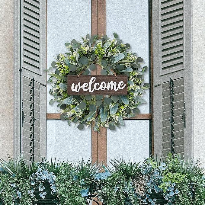 Dremisland Green Eucalyptus Wreath with Welcome Sign 22in Spring Summer Artificial Eucalyptus Wreath for Front Door, Wall, Window, Party Decor (Brown)