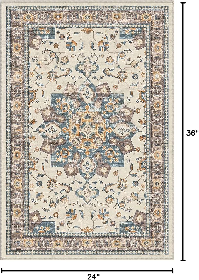 Dripex Vintage Collection Washable Area Rug - 2x3 Door Mat Small Entryway Rug Distressed Non-Slip Low-Pile Floor Carpet for Indoor Front Entrance Kitchen Bathroom Living Room Bedroom