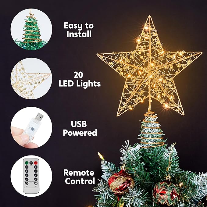 JOIEDOMI 9.5inch Metal Beaded Christmas Star Tree Topper, 20LED Warm White Lights Golden Tree Topper, USB Powered Remote Control for Christmas Tree Decorations Home Holiday Party Indoor Decor