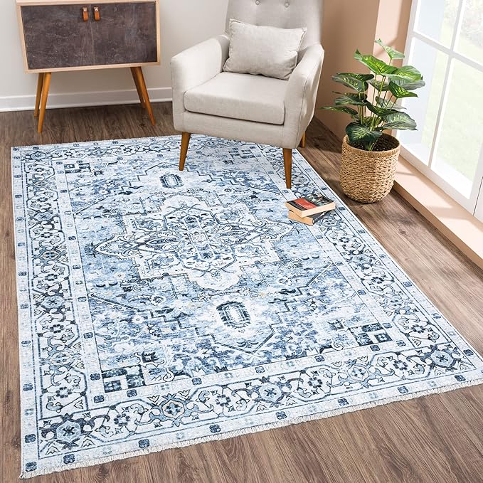 Bloom Rugs Washable Non-Slip 10x14 Rug - Blue Traditional Oriental Area Rug for Living Room, Bedroom, Dining Room, and Kitchen - Exact Size: 10' x 14'