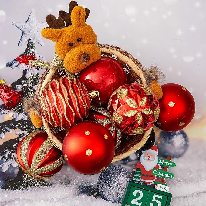 12ct 80mm/3.15" Christmas Ball Ornaments, Decorative Hanging Baubles, Christmas Tree Decoration, Plastic and Shatterproof, Ideal for Xmas, Holiday, Home and Party Decor, Red