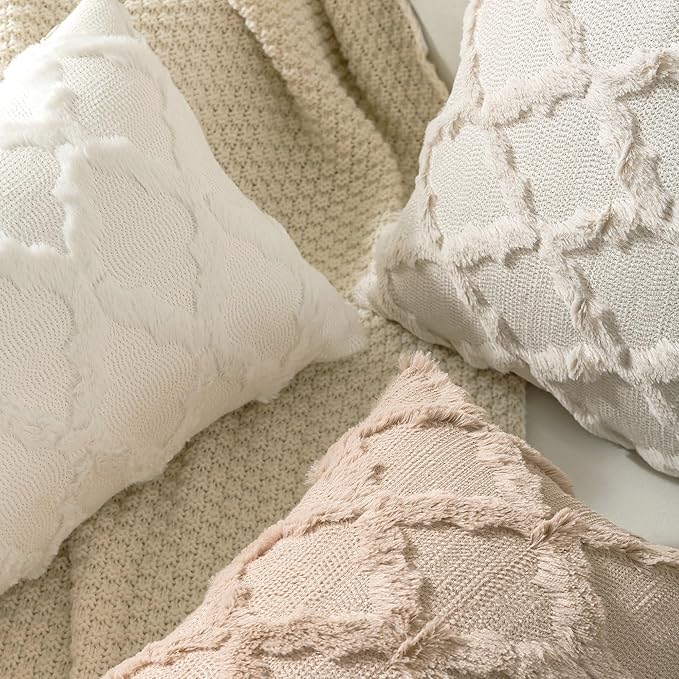 Set of 2 Soft Moroccan Throw Pillow Covers 22x22 Inch Plush Boho Decorative Pillow Cover Accent Cushion Case for Couch Sofa Bed, Cream White