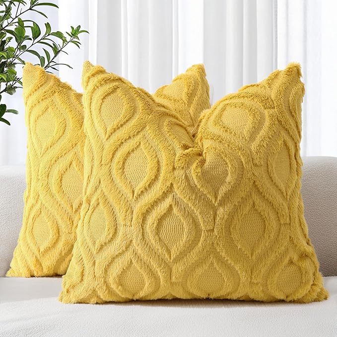 decorUhome Throw Pillow Covers 22x22 Inch Set of 2, Soft Plush Faux Wool Mustard Yellow Solid Couch Pillow Covers, Accent Farmhouse Neutral Square Pillow Cases for Sofa Bed Living Room