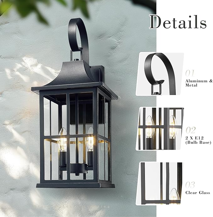 Emliviar 21.5" Large Wall Mounted Light Fixture, Classic Black Exterior Light Fixture 2-Light with E12 Base, Porch Lighting with Clear Glass Shade, YXE306B-M BK