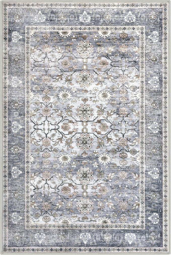KUTA Vintage Floral Rugs for Entryway, 2PCS 2x3 and 2x6 Grey Blue Entrance Small Area Rug, Non-Slip Washable Ultra Thin Soft Hallway Runner Rug, Low-Pile Indoor Door Mat Floor Carpet