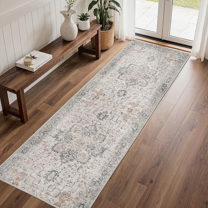 Runner Rug 2'6''x8, Non Slip Vintage Hallway Runner Rugs, Low Pile Lightweight Machine Washable Mat for Hallway, Entryway, Bedroom, Kitchen and Corridor, Light Taupe Brown