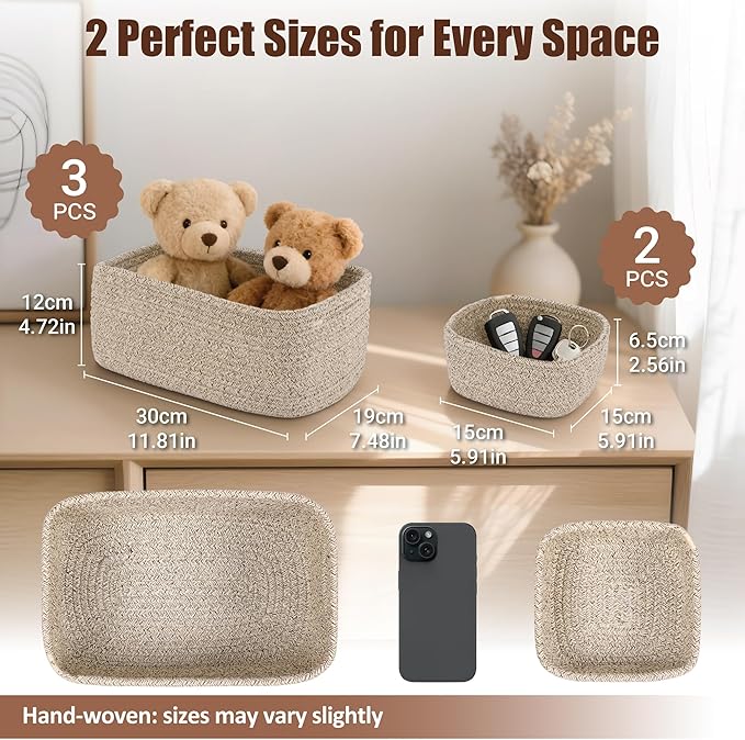 5-Pack Small Woven Rope Storage Baskets – 2 Sizes Organizer Bins for Closet, Shelf, Bookshelf, Nursery, Changing Table, Fabric Cube Boxes, Rectangular Shallow Bins for Bathroom, Toy & Home