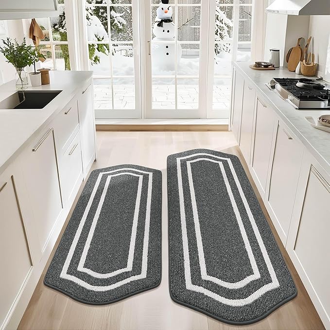 COSY HOMEER Long Kitchen Floor Mats for in Front of Sink Super Absorbent Kitchen Rugs and Mats 24"x48"+24"x59"Non-Skid Kitchen Mat Standing Mat Washable,Polypropylene,Dark Grey,Frame