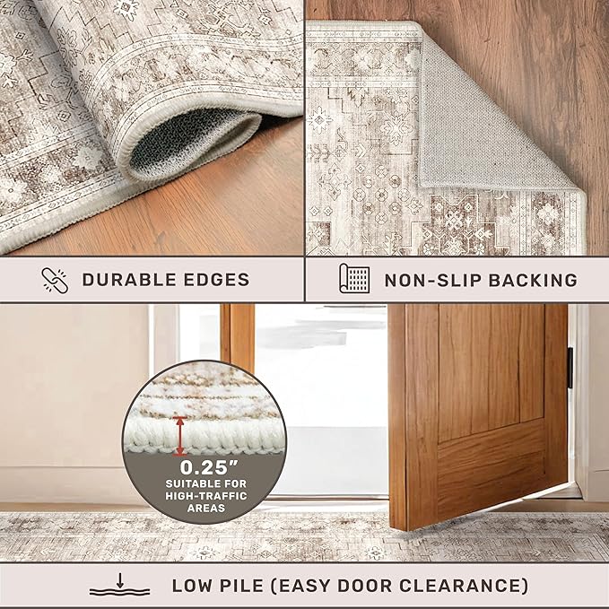 Boho 2x7 Long Runner, Neutral Farmhouse Hallway Rug, Small Throw Runners for Bedroom, Bathroom, Kitchen, Vintage Floral Decor & Non-Slip Low-Pile Washable Stain Resistant, Latte Beige