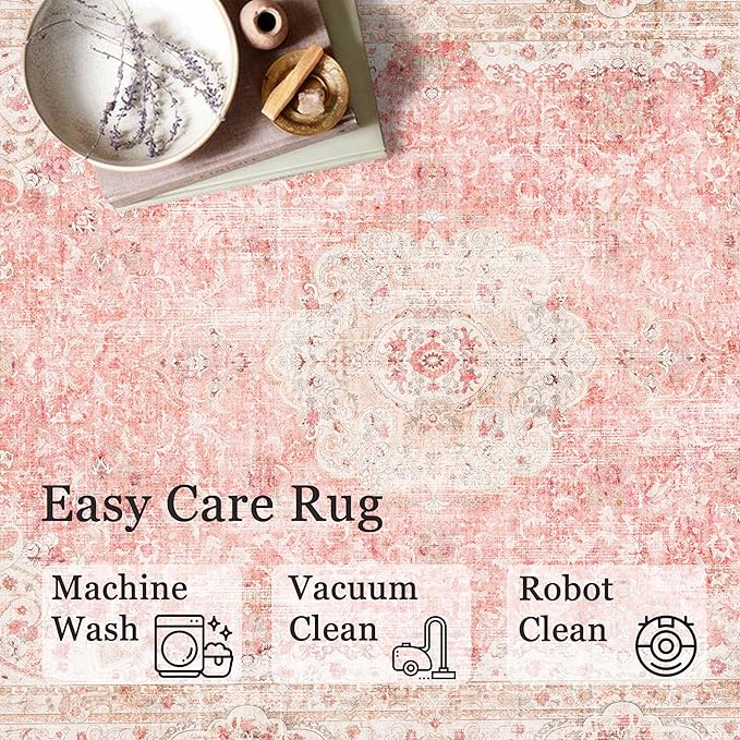 Round Rug 9ft,Large Pink Circle Area Rugs for Bedroom Living Room,Washable Boho Vintage Bohemian Distressed Oriental Floral Carpet Non Slip