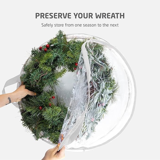 ZOBER 2 Pack Christmas Wreath Storage Container 30 Inch - Wreath Bag for Artificial Wreaths Box - Dual Zippered Wreaths Storage Bag with Durable Stitch Reinforced Handles - White
