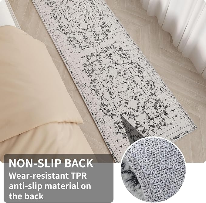 Vintage Runner Rug Non Slip for Hallway Bathroom Kitchen 2x3 ft, Ultra Soft Boho Carpet Runner with Low Pile Design Machine Washable Runner Rugs for Entryway Laundry Living Room (Black)