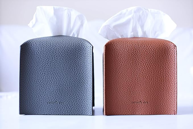 Tissue Box Cover Holder, Square with Bottom Belt by Carrot's Den - PU Leather Decorative Organizer for Tabletop, Bathroom, Car, Office | Charcoal