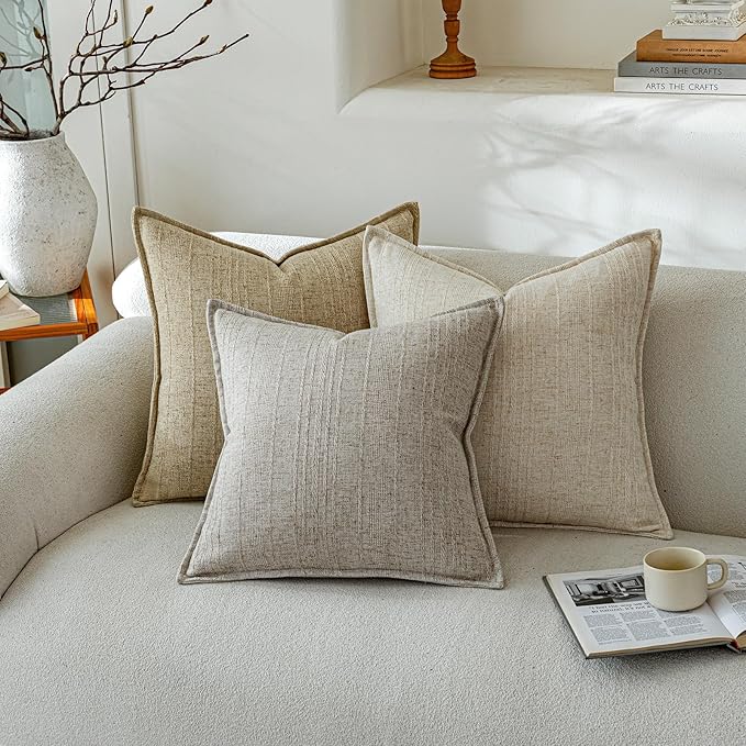 a moment Linen Pillow Covers Set of 2,Boho Farmhouse Throw Pillowcases Neutral Textured Decorative Covers for Couch Sofa Bed, Soft Linen Blend Accent Case Cushion Home Decor 18"x18"Light Grey
