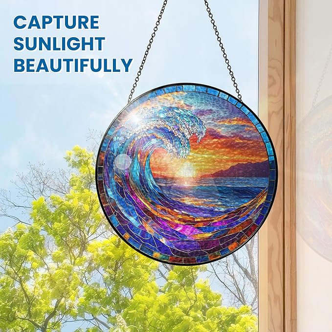 FLAGWIX Christmas Beach Gifts for Women Men - Stained Glass Window Hanging 8in for Holiday Christmas Decorations 2025 - Sun Catchers Indoor Window for Ocean Decor, Beach Decor, Boho Gifts for Women