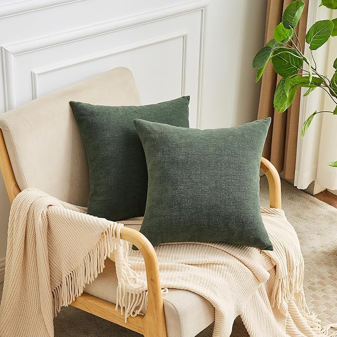 GAWAMAY Decorative Square 16"x16" Inch Throw Pillow Covers Set of 2, Super Soft Chenille Pillows Farmhouse Pillowcase for Living Room Bedroom Sofa Couch Cushion Cover Dark Green 40x40cm (No Insert)