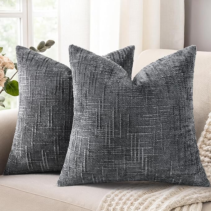 decorUhome Dark Grey Chenille Throw Pillow Covers 24x24 Set of 2 Thick Textured Slubby Couch Pillow Covers Farmhouse Accent Modern Neutral Decorative Pillow Cases for Bed Sofa Living Room