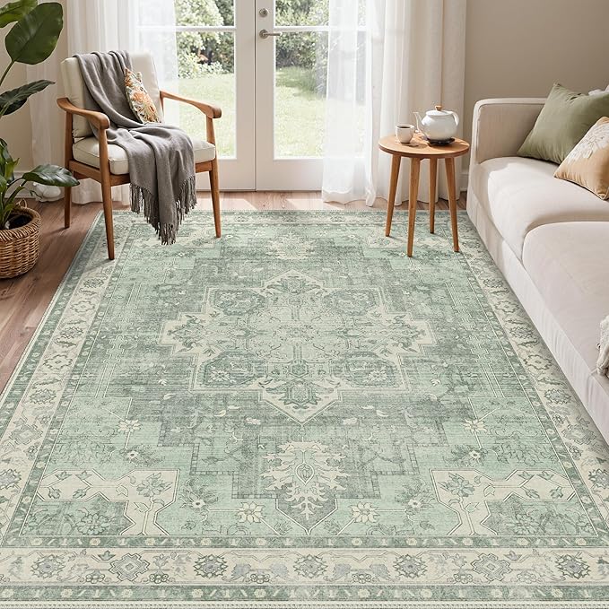 GENIMO 8x10 Area Rugs for Living Room, Machine Washable Non Slip Vintage Rugs, Low Pile Lightweight Chenille Print Rug for Bedroom, Dining Room, Home Office, Light Green