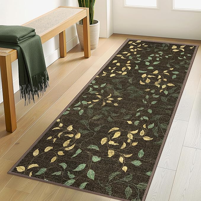 GENIMO Machine Washable 8x10 Area Rugs for Living Room, Non Slip Vintage Rugs, Low Pile Lightweight Chenille Print Rug for Bedroom, Dining Room, Home Office, Dark Leaf Print