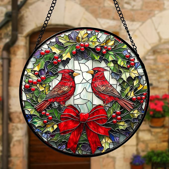 Stained Glass Window Hanging - Cardinals Green Wreath Suncatcher for Doors Home Christmas Decoration Red Bird Sun Catcher Thanksgiving New Year Birthday Gift for Women Men Mom Nana 11.8 in