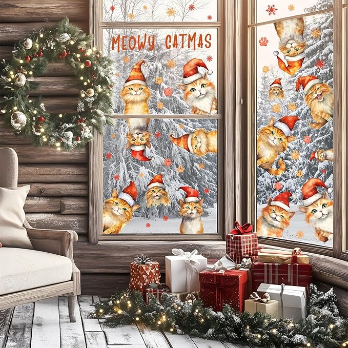 Christmas Window Clings Decoration Indoor Xmas Cat Stickers Double-Sided Merry Christmas Window Decals for Glass Windows Xmas Snowflake Decals for Winter Holiday Kids Bedroom Home Party Supplies