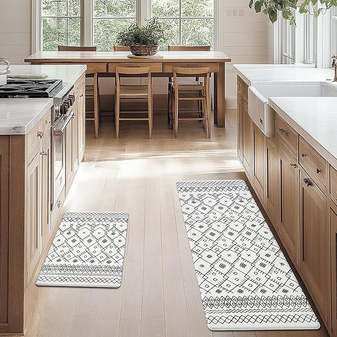 FRESHMINT Anti Fatigue Kitchen Mats for Floor 2 Piece Set, Waterproof & Non-Skid Moroccan Geo Kitchen Rugs, Cushioned Kitchen Mat for Standing Washable Comfort Desk Kitchen Runners, 17x30''+17x47''