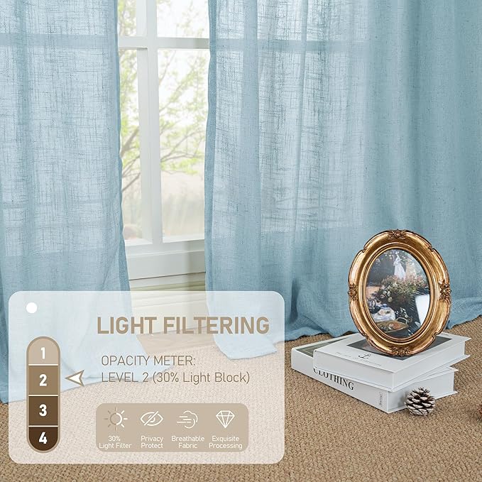 LAMIT Sheer Linen Curtains 63 Inch for Bedroom, Light Filtering Country Decor Semi Sheer Farmhouse Boho Curtains Back Tab and Rod Pocket Living Room Panels, Stone Blue, 2 Panels, 52 x 63 Inch
