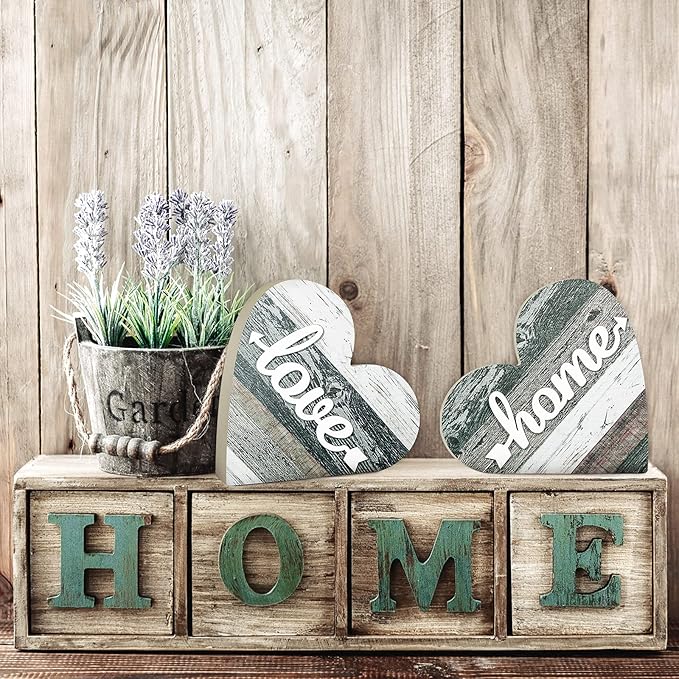Jetec 2 Pcs Rustic Table Decorations for Living Room Home Decor Farmhouse Valentines Day Centerpiece Small Love Wooden Heart Decor for Dining Room Shelf Valentines Gift Decoration(Vintage Style)