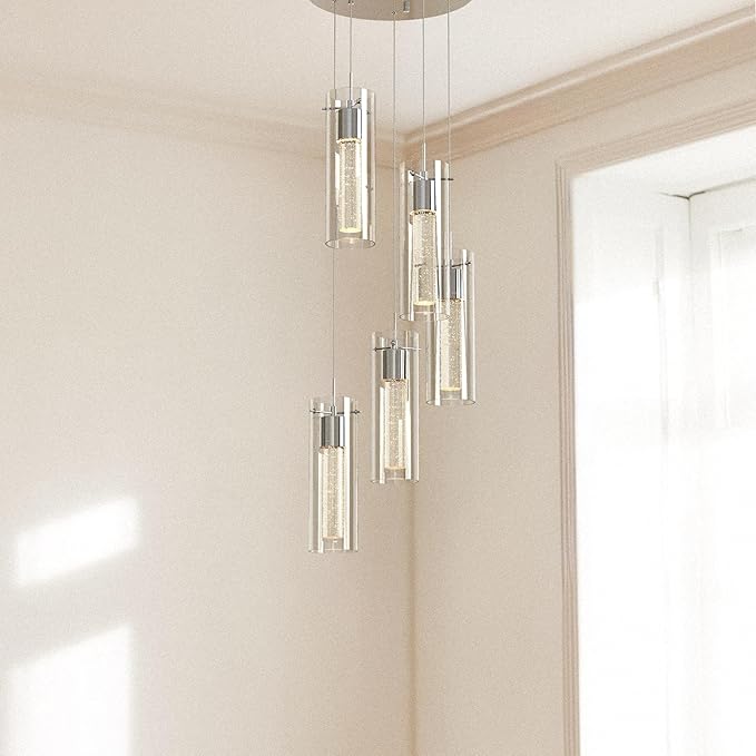 Alice 5-Light Chandelier Pendant Ceiling Light, Integrated Led and Bubble Glass, for Kitchen Island, Hallway, Entryway, Passway, Dining Room, Bedroom, Balcony Living Room
