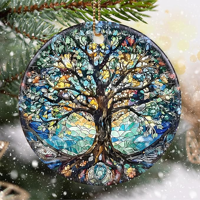 Stained Ceramic Tree of Life Ornament - Christmas Decorations and Holiday Present Ideas - Tree of Life Decor for Office, Room, Home