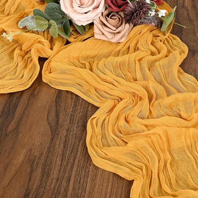 12 Pack Gold Cheesecloth Table Runner 10FT Cheese Cloths for Wedding Decor, 20x120inch Rustic Boho Gauze Table Runners for Wedding Party Bridal Shower Table Decoration