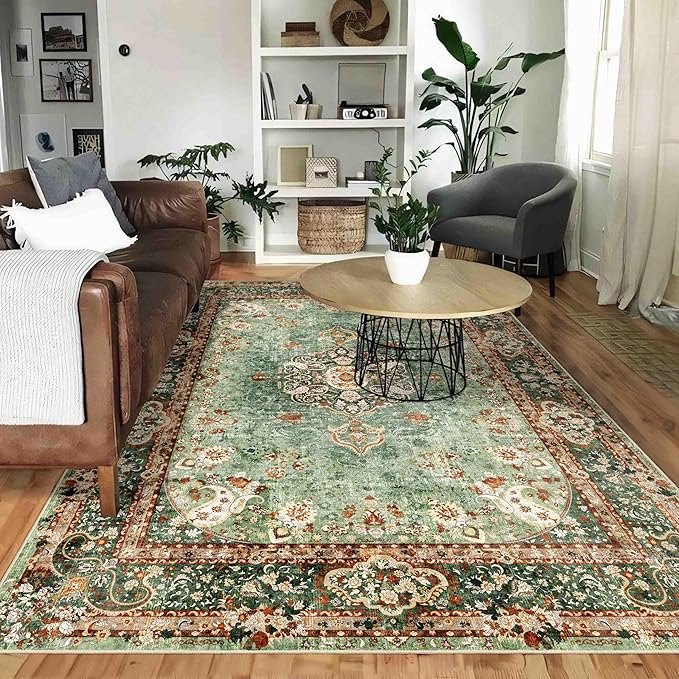 5x7 Area Rugs Washable,Green Rug for Living Room Bedroom Kitchen,Large Boho Vintage Bohemian Distressed Oriental Carpet Non Slip