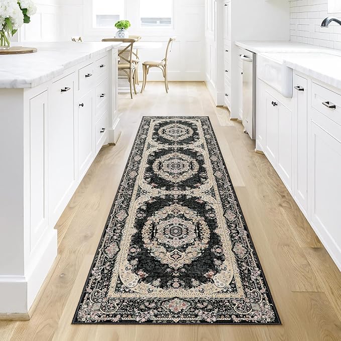 Washable Runner Rug 2x8,Black Rug Runners Non Slip,Long Boho Rugs for Hallways Kitchen Bedroom Entryway Living Room Bathroom,Vintage Bohemian Distressed Floor Carpet,Floral