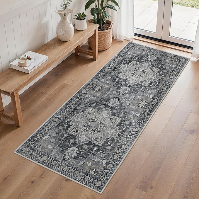 Runner Rug 2'6''x6, Machine Washable Runners, Non Slip Vintage Hallway Runner Rugs, Low Pile Lightweight Mat for Entryway, Hallway, Kitchen and Corridor, Dark Gray