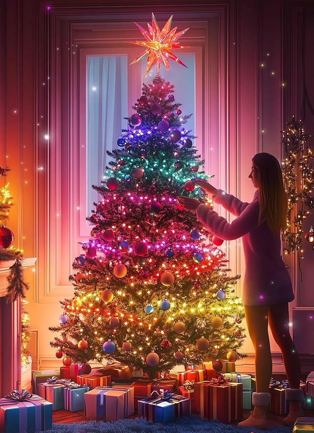 Brightown Smart Christmas Tree Topper Star, Built-in 36 Bulbs Lighted MoravianStar, RGB Color Changing W/App Control USB Powered Christmas Tree Star Topper Music Sync, Multicolor Moravianstar 13.7"