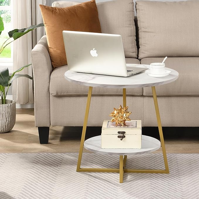 D&H FURNIMMT 20" Living Room Side Table Set of 2 for Small Spaces, 2 Tier Wood Top Round End Tables with Storage Shelf, Accent Sofa Table for Bedroom, Office, Sunroom, Balcony, White Faux Marble/Gold