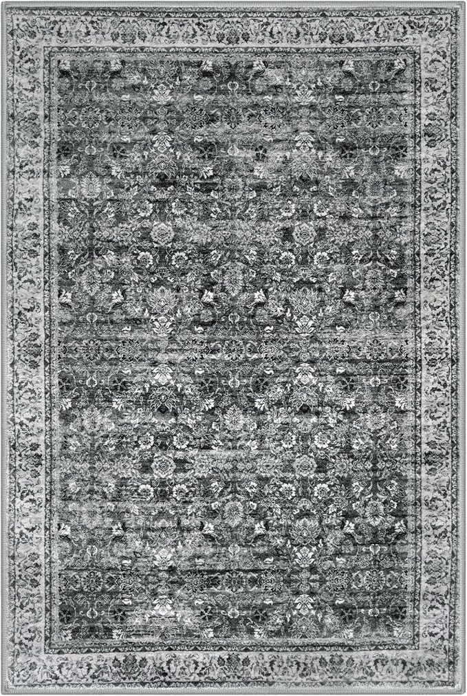 2x3 Washable Small Area Rug for Entryway, Moss Charcoal Soft Non-Slip Indoor Door Mat Distressed Floral Low-Pile Kitchen Rugs, Neutral Vintage Carpet for Entrance Bedside Farmhouse