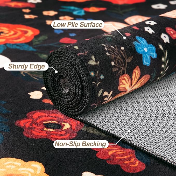 Tangsoo Runner Rug for Hallways Kitchen Rug, Non Slip 2x6 Washable Boho Floral Rug Runner for Entryway, Low Pile Carpet Door Mat Indoor Entrance for Kids Room Bedroom Laundry Office Bathroom(Black)