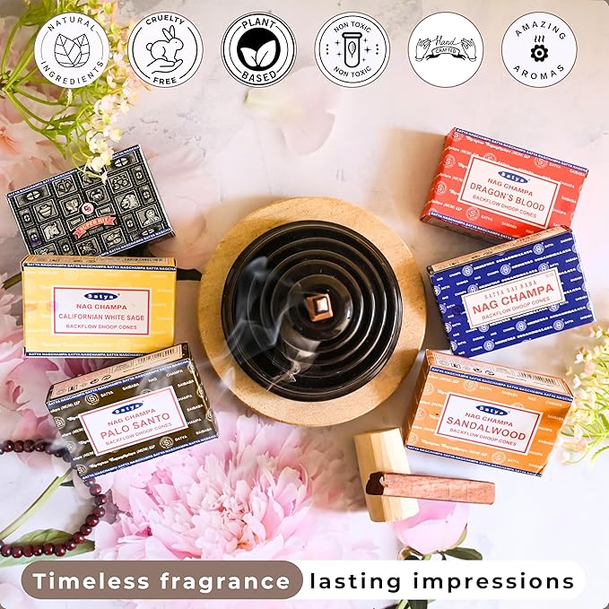 Nag Champa|Super Hit|Dragons Blood|Palo Santo|Sandalwood|Californian White Sage Variety Pack Backflow Incense Cones for Waterfall Aromatic Smoke Fountain Haze Falls and Mat Bundle - Pack of 6