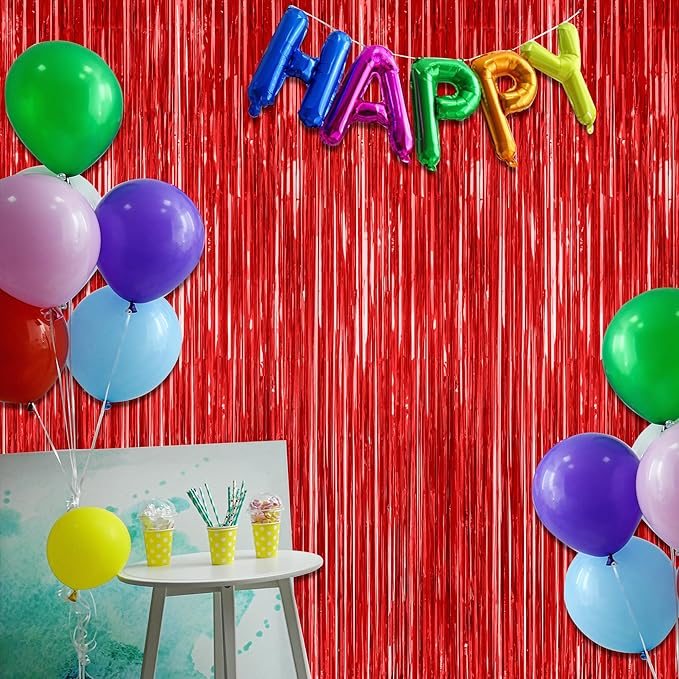 8 Pack Red Backdrop, 3.28 FT x 7.05 FT Streamer Party Decorations, Metallic Foil Fringe Curtains Party Streamer Photo Booth Backdrop, Red Tinsel Canival Theme Party Decor for Engagement Birthday
