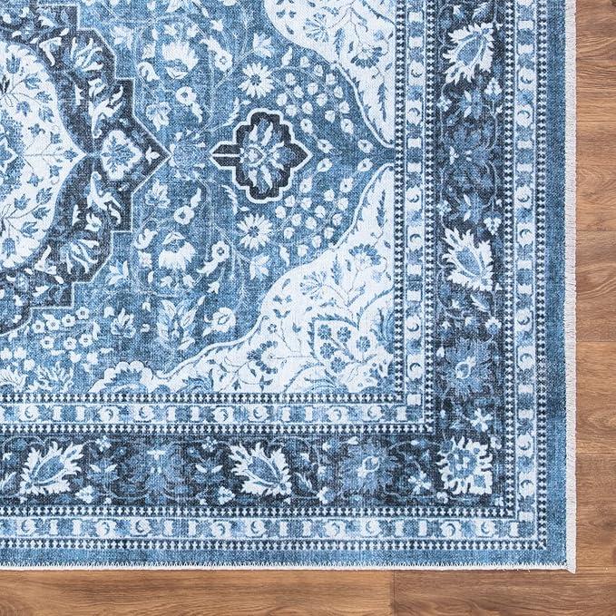Bloom Rugs Caria Washable Non-Slip 10 ft Runner - Blue Traditional Runner for Entryway, Hallway, Bathroom, and Kitchen - Exact Size: 2'6" x 10'