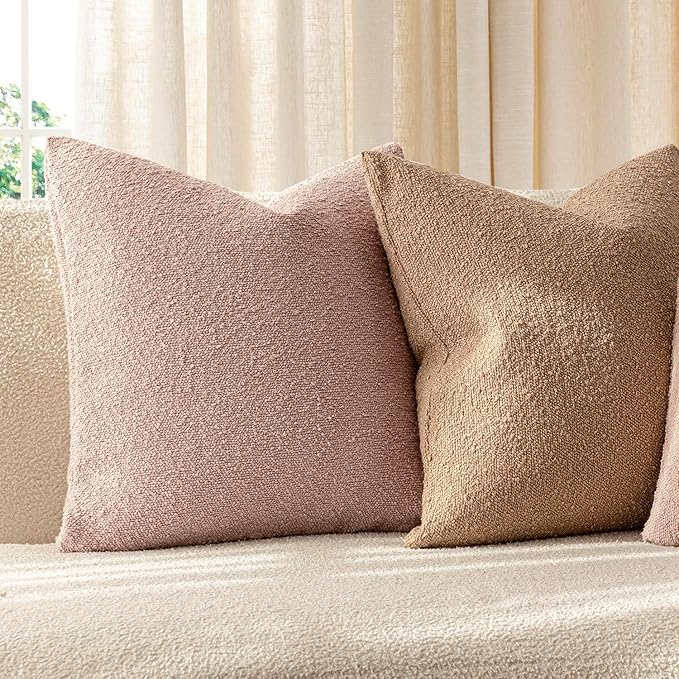 Foindtower Set of 2, Decorative Textured Boucle Throw Pillow Covers Accent Solid Pillow Cases Neutral Soft Cozy Couch Cushion Case for Chair Sofa Bedroom Living Room Home Decor 18 x 18 Inch Light Pink