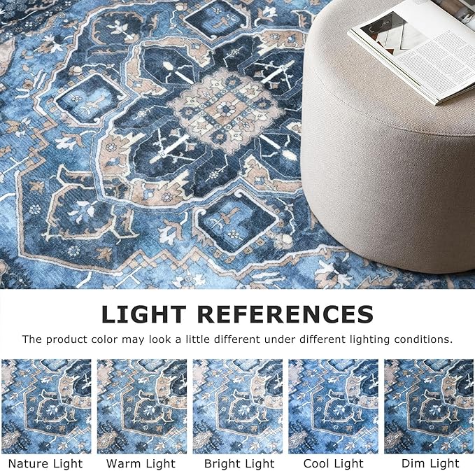 3x5 Washable Area Rug for Entryway, Blue Soft Boho Rug with Non-Slip, Low-Pile Vintage Floor Area Rugs for Living Room Bedroom Dining, Dorm Carpet with Non-Shedding