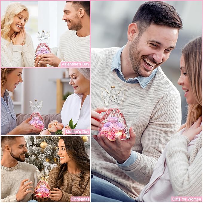 Mothers Day Mom Gifts for Women Preserved Flowers in Glass Angel Forever Flowers Gifts Eternal Roses Gifts for Grandma, PinkpurplePink