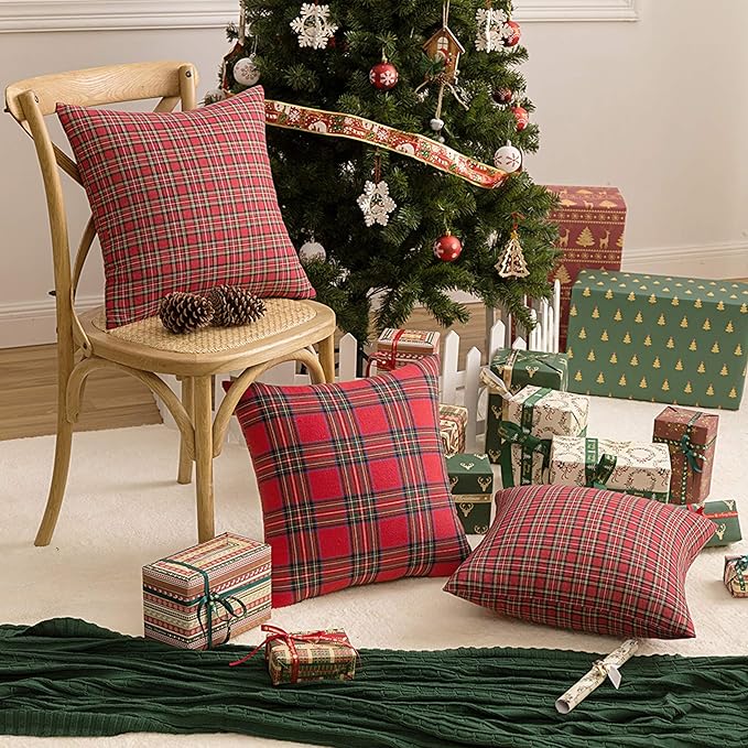 AQOTHES Pack of 2 Christmas Plaid Decorative Throw Pillow Covers Scottish Tartan Cushion Case for Farmhouse Home Holiday Decor Red and Green, 22 x 22 Inches